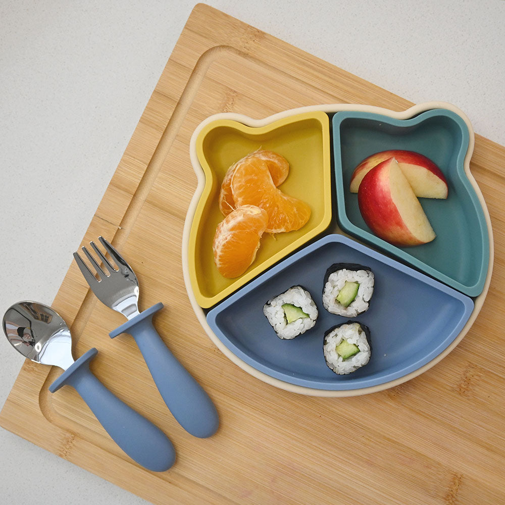 100% Silicone 4pc Bear Divider Plate - Blue